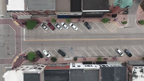 Downtown-Elkhart,-Indiana-with-drone-video-overhead-looking-down-and-moving-left-to-right