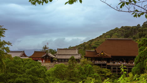 Kiyomizu-dera-temple-shrine-at-Kyoto-Japan-forest-view-timelapse-tourism