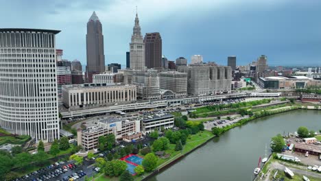 Cleveland-OH-USA,-Aerial-View-of-Riverfront-Buildings-and-Downtown-Towers-on-Cloudy-Day,-Establishing-Drone-Shot