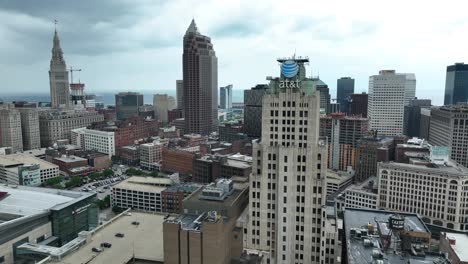 Vista-Aérea-Del-Edificio-At-And-T-Huron-Road-Y-Las-Torres-Del-Centro-De-Cleveland-Ohio-Usa,-Disparo-De-Drone