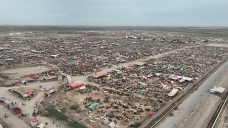 Aerial-drone-footage-of-sprawling,-bustling-market-in-Karachi,-Pakistan