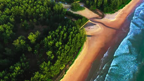 Lonely-dream-beach,-Aerial-view-of-the-long-sandy-tropical-ocean-shore