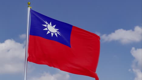 Bandera-De-Taiwán-Moviéndose-En-El-Viento-Con-Un-Cielo-Azul-Claro-En-El-Fondo,-Nubes-Moviéndose-Lentamente,-Asta-De-Bandera,-Cámara-Lenta