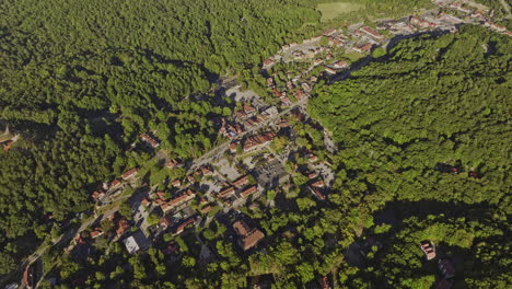 Helen-Georgia-Aerial-v2-birds-eye-view,-flyover-tourist-town-capturing-traditional-Bavarian-style-buildings-from-above,-tilt-up-reveals-mountain-landscape---Shot-with-Mavic-3-Cine---October-2022