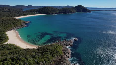 Boat-Beach---Seal-Rocks---Mid-North-Coast---New-South-Wales--NSW---Australia---Aerial-Shot-Over-Mountains