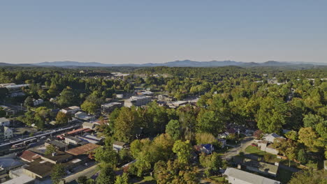 Blue-Ridge-Georgia-Aerial-v13-low-fly-around-charming-mountain-town-capturing-leafy-streets,-scenic-railway-and-mountainous-landscape-on-a-beautiful-sunny-day---Shot-with-Mavic-3-Cine---October-2022