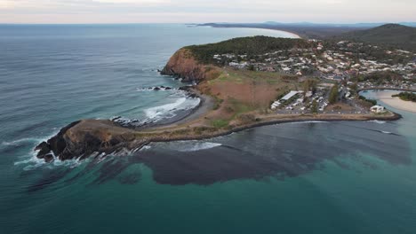 Crescent-Head---Goolawah-Beach---Pebbly-Beach---New-South-Wales--NSW---Australia---Aerial-Shot---Slow-Zoom-Over-Town