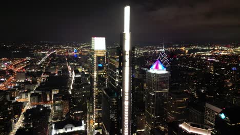 Philadelphia-City-Lights,-Night-Aerial-Panorama