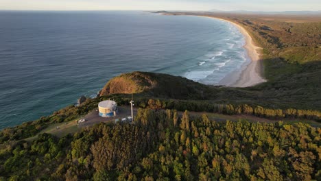 Crescent-Head---Goolawah-Beach---Pebbly-Beach---New-South-Wales--NSW---Australia---Aerial-Shot---Featuring-Water-Tower