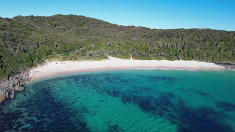 Clear-Blue-Waters---Boat-Beach---Seal-Rocks---Mid-North-Coast---New-South-Wales--NSW---Australia---Aerial-Shot-Pull-Back