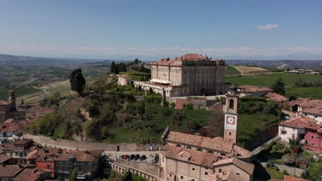 Aerial-of-beautiful-old-castle-on-hill-in-the-small-Italian-town-of-Guarene