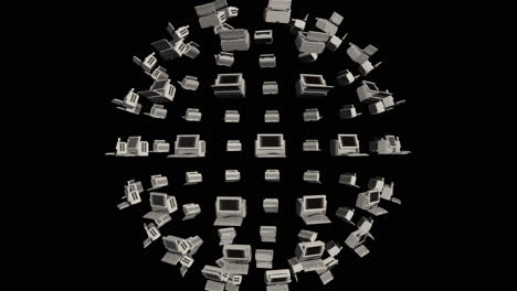 Sphere-of-Old-PC-Computers-Rotating-on-Black-Background