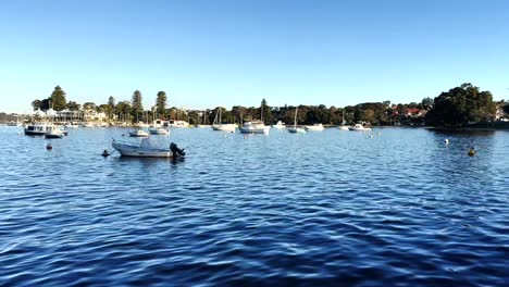 Motor-Boat-and-yachts-on-Swan-River-at-Peppermint-Grove,-Perth,-Western-Australia
