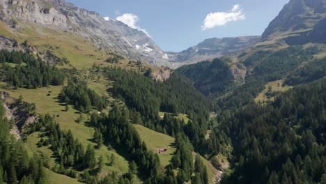Aerial-of-large-forest-in-Swiss-mountains-with-small-hiking-cabins-spread-around-the-landscape