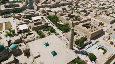 Aerial-View-Of-The-Famous-Silk-Road-Of-Khiva-Old-Town-On-A-Sunny-Day-In-Uzbekistan
