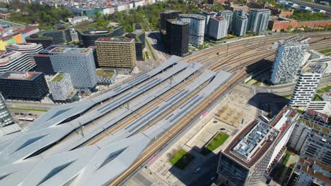 Wien-HBF-drone,-Aerial-View-Over-Vienna-central-train-station