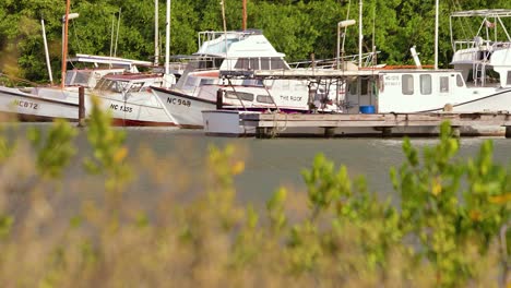 Telephoto-zoom-focus-rack-of-small-marina-bay-with-local-fishing-boats-docked-in-harbor