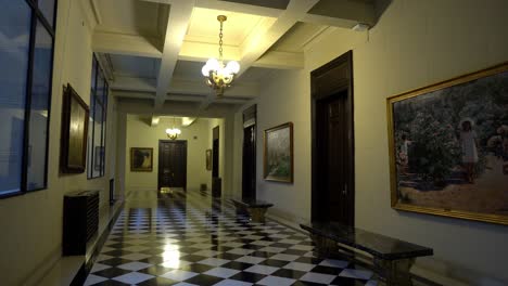 Hand-Held-Shot-Inside-Hallways,-Central-Bank-of-Chile,-Artwork-and-Architecture