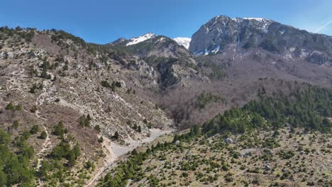 Panoramic-shot-of-mountain-side-with-snow-on-the-peak-and-forest-on-the-base