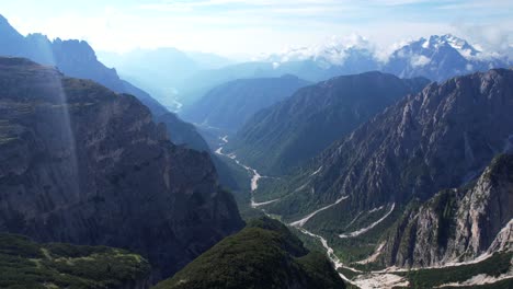 Aerial-panoramic-view-of-Auronzo-Valley-from-Three-Peaks-of-Lavaredo-Southeast-side,-Dolomites,-Italy