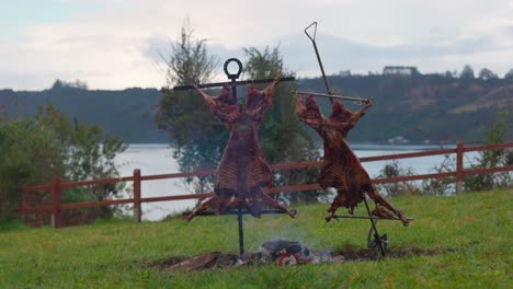 Chilean-Fiestas-Patrias-Lamb-to-fire,-and-a-cart-in-Castro,-Chiloé-south-of-Chile