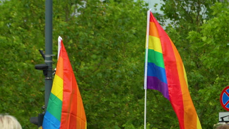 Colorful-rainbow-pride-flags-waving-in-wind-during-freedom-march,-slomo