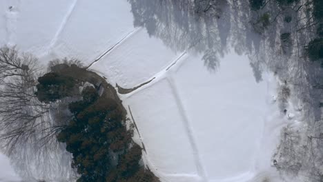 Beim-Flug-Enthüllt-Die-Drohne-Eine-Faszinierende-Luftaufnahme-Der-Schneebedeckten-Landschaft-Und-Enthüllt-Verstreute-Wälder-Im-Schneefeld