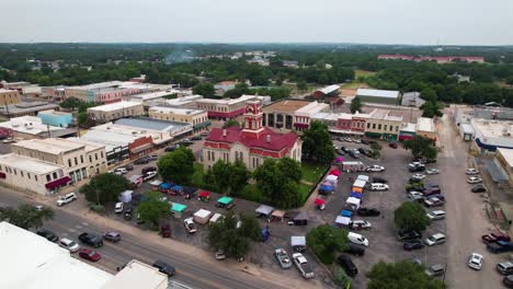 Aerial-footage-of-the-Lampasas-County-Courthouse-in-Texas-located-at-501-Fourth-St,-Lampasas,-TX-76550