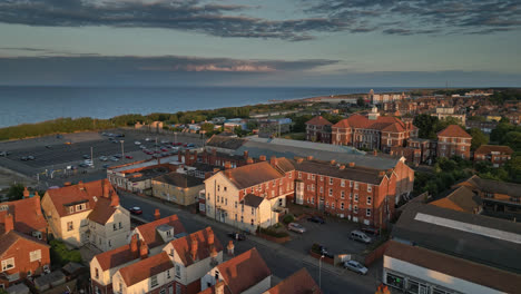 A-busy-tourist-town-full-of-attractions,-from-caravan-holidays-to-stunning-sunsets,-is-captured-in-aerial-footage-of-Skegness