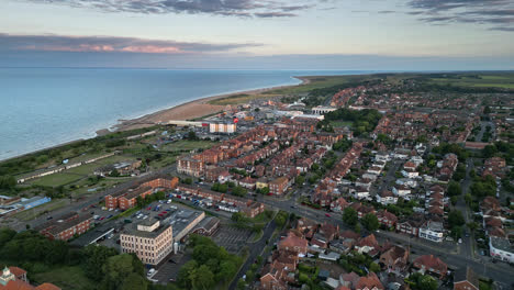 Aerial-view-of-Skegness,-a-popular-seaside-resort-with-stunning-campsites,-holiday-homes,-and-a-sunset-to-die-for
