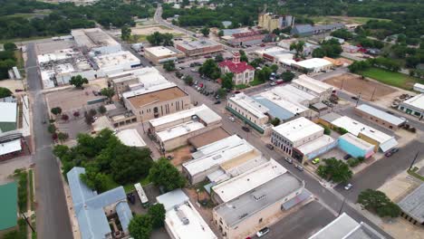 Aerial-video-of-the-Lampasas-County-Courthouse-located-at-501-Fourth-St,-Lampasas,-TX-76550