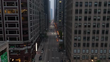 Low-aerial-shot-of-high-skyscrapers-in-Chicago