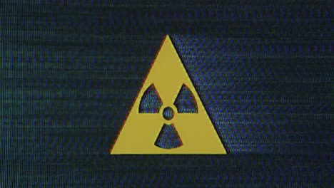 Nuclear-warning-sign,-VHS-glitch,-radioactive-energy-glitched-analog-VHS-animated-logo,-icon-animation-with-trippy-particles