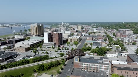 Downtown-Davenport,-Iowa-with-drone-video-moving-in-medium-shot