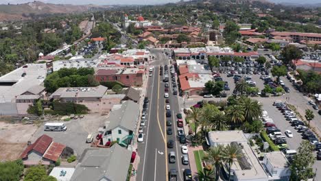 Aerial-shot-flying-over-downtown-San-Juan-Capistrano-and-tilting-up-to-the-historic-Mission-in-California