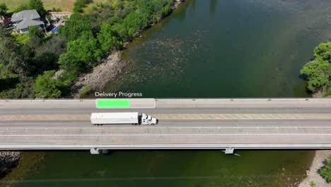 Aerial-view-of-a-semi-truck-crossing-a-bridge,-nearing-its-delivery-destination