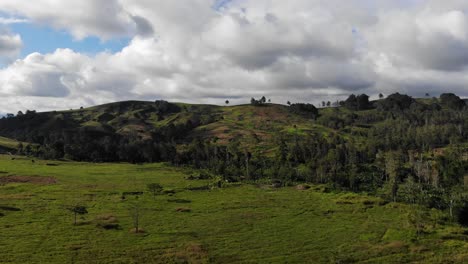 Aerial-push-in-green-hills-with-patchwork-traditional-gardens,-Papua-New-Guinea
