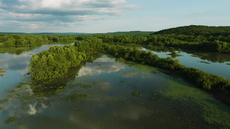 Lake-Sequoyah-With-Lush-Vegetation-In-Arkansas,-USA---aerial-drone-shot
