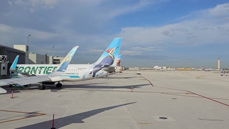 Verschiedene-Frontier-Airbus-Flugzeuge-Stehen-An-Einem-Sonnigen-Tag-Am-Internationalen-Flughafen-Von-Miami-Vor-Den-Gates
