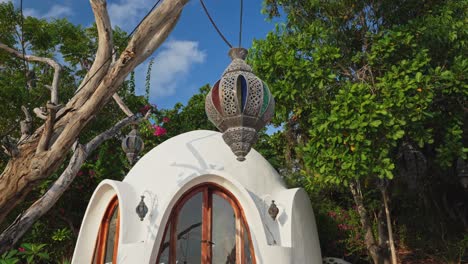 Dome-villa-accomodation-in-Lombok,-Indonesia-with-unique-light-shades-outdoors