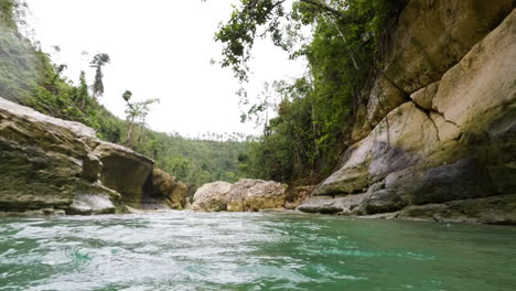 Flussabwärts-Im-Fluss-Schwimmen,-Bevor-Er-Am-Ende-Des-Clips-Unter-Die-Oberfläche-Taucht-–-Zeitlupe-Und-Regnerisches-Wetter-In-Der-Philippinischen-Wildnis