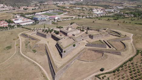 Aerial-orbiting-view-of-scenic-Santa-Luzia-fortress-in-Elvas,-Portugal