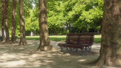 Empty-Bench-And-Trees-At-The-Cinquantenaire-Park-In-Brussels,-Belgium-In-Summer