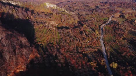Aerial-birds-eye-flight-over-red-colored-mountain-landscape-with-road-in-autumnal-evening