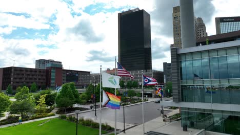 Flags-waving-in-front-of-downtown-Toledo-Ohio