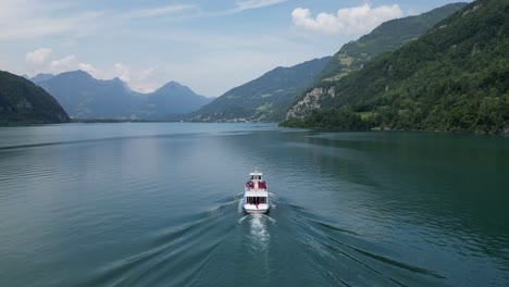 Cinematic-slow-motion-cruise-boat-ride-in-scenic-Switzerland-Walensee-lake