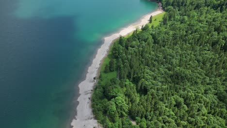 Postcard-perfect-beautiful-shoreline-of-Klontalersee-lake,aerial-view