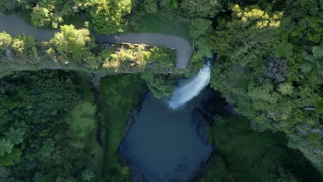 A-drone-shot-looking-directly-down-from-above-of-Bridal-Veil-falls-in-Ranglan-New-Zealand