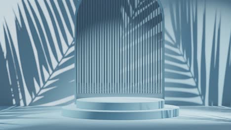 Minimales-Blaues-Display-Für-Kosmetischen-Hintergrundproduktständer-Mit-Strandatmosphäre,-3D-Rendering,-3D-Illustrationsanimationsschleife