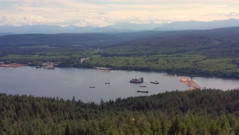 Logging-Ballet:-Drone-Footage-of-Tugboats-and-Barges-in-Campbell-River,-Vancouver-Island